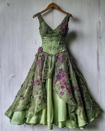 Vestido Elegante Verde e Roxo de Renda 3c14
