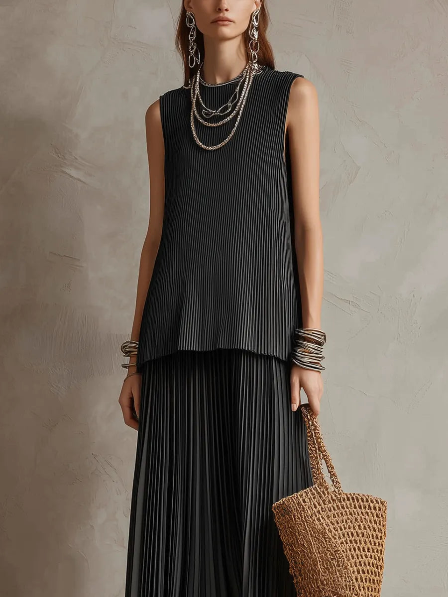 Ensemble Top Sans Manches Et Pantalon Fluide Minimaliste Noir