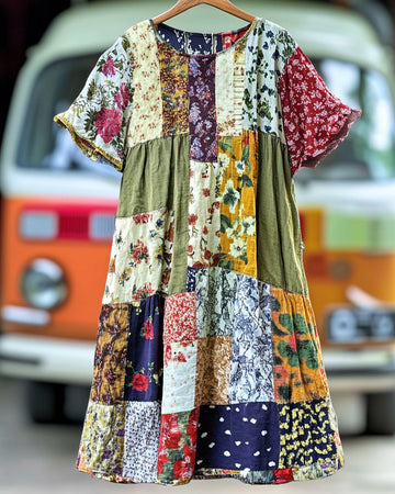 Vestido solto de retalhos de algodão e linho para as férias de verão e6e5