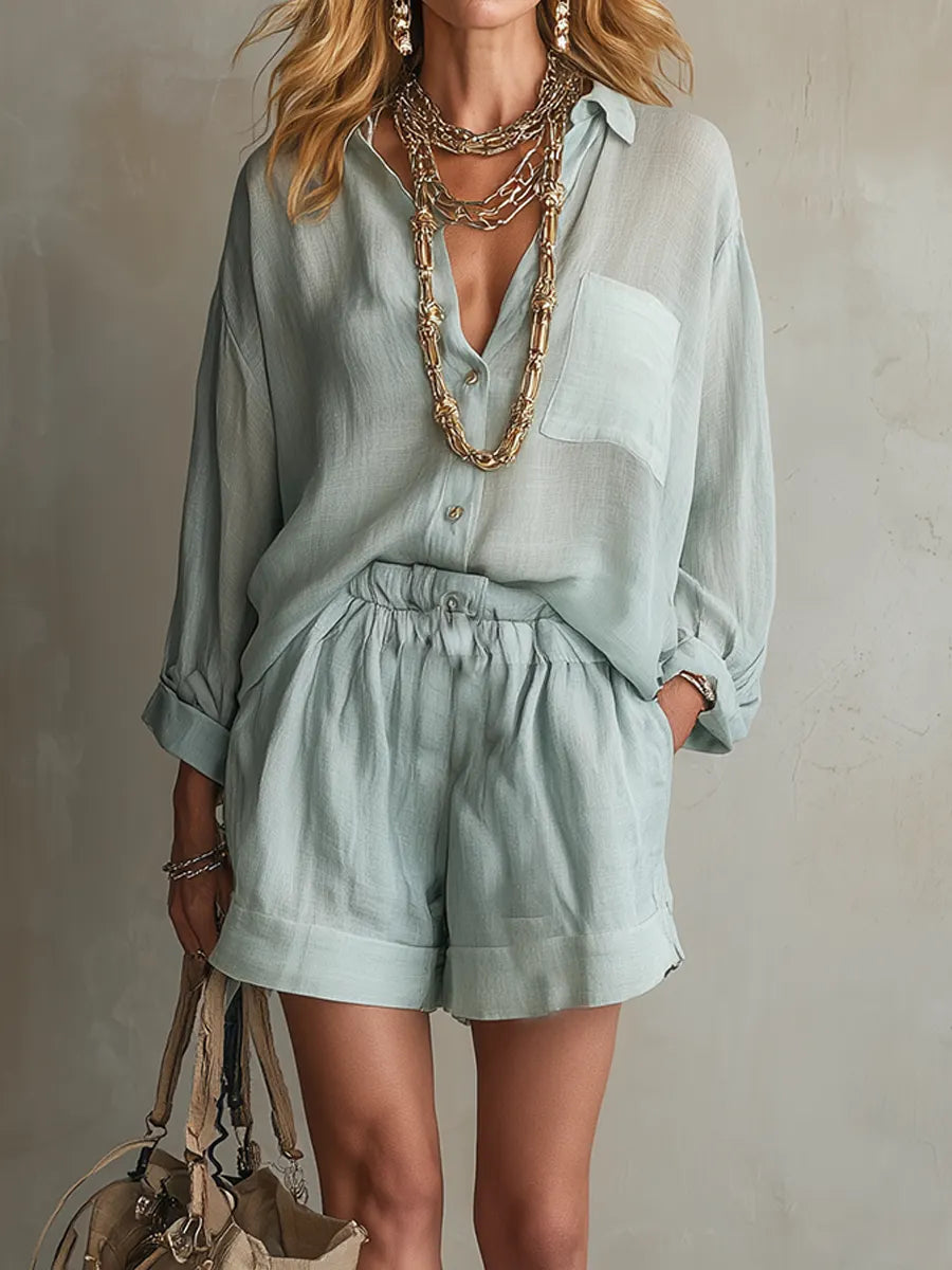 Ensemble chemise décontractée et short à cordon de serrage Sage Linen