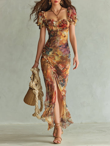 Robe longue en mousseline de soie imprimée avec peinture à l'huile style bohème pour les vacances