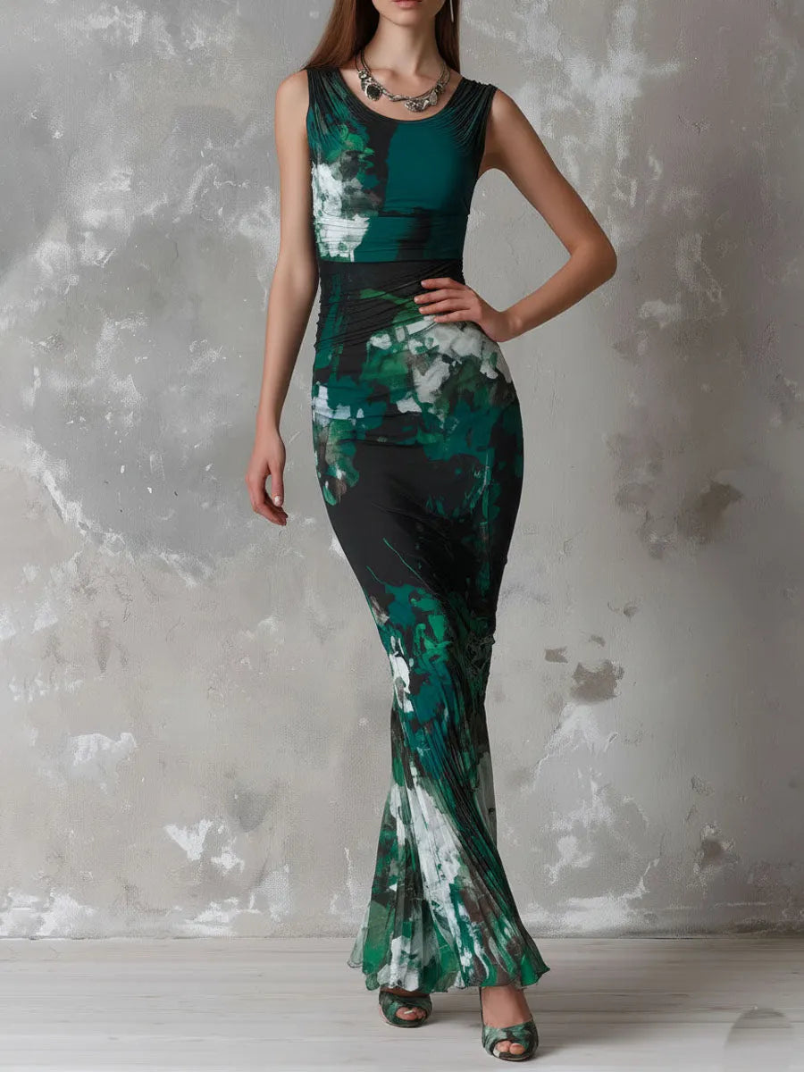 Robe longue plissée sans manches à motif floral émeraude, élégante et rétro