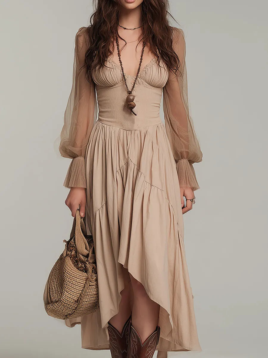Robe midi bohème avec ourlet asymétrique et manches en résille