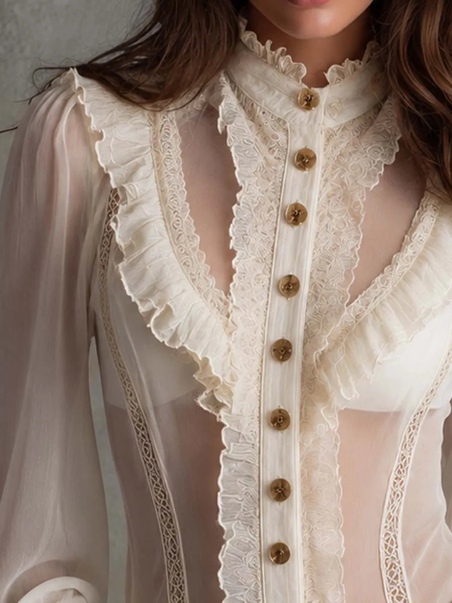 Camicetta elegante vintage con balze, pizzo, colletto alto e maniche lunghe a sbuffo