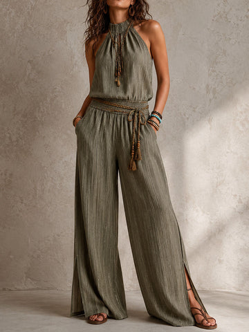 Boho Olive Stripe Halter Smocked Waist Wide-Leg Jumpsuit