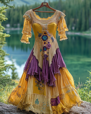 Vestido de Renda Irregular Vintage de Verão com Babados 6a9a