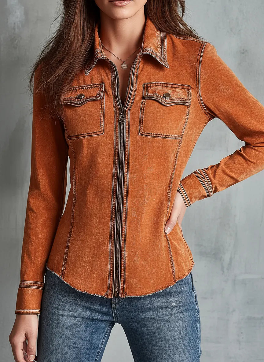 Jaqueta Jeans Utilitária Vintage Laranja Queimado com Zíper