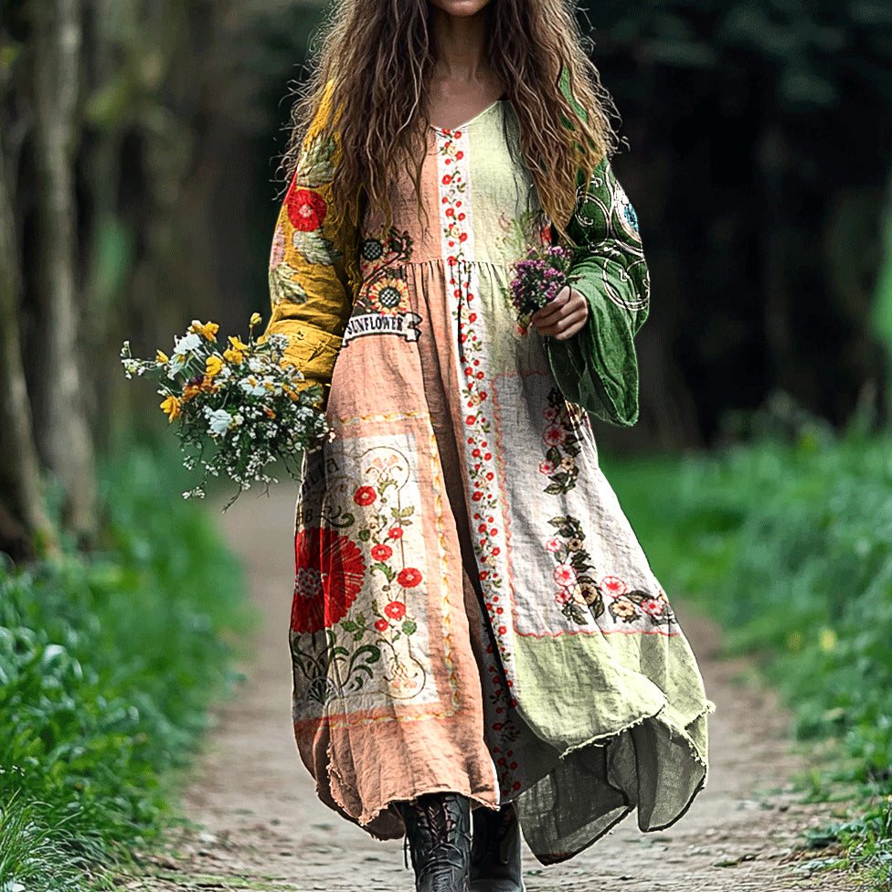 Vestido Feminino Vintage Tribal Floral Art em Algodão e Linho 2912