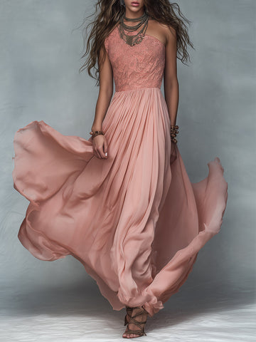 Boho One-Shoulder Lace-Paneled Pleated A-Line Maxi Dress