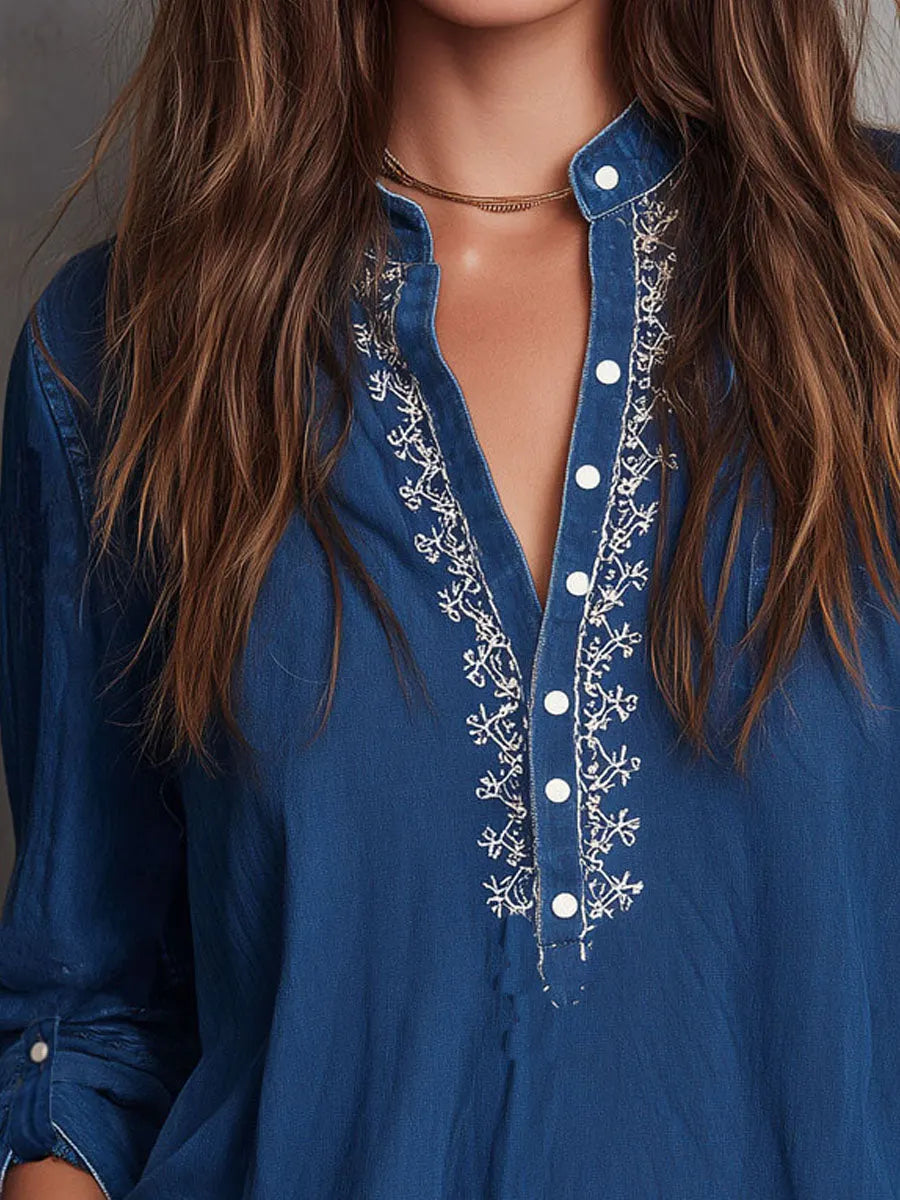Chemisier Boho Indigo brodé à manches retroussables