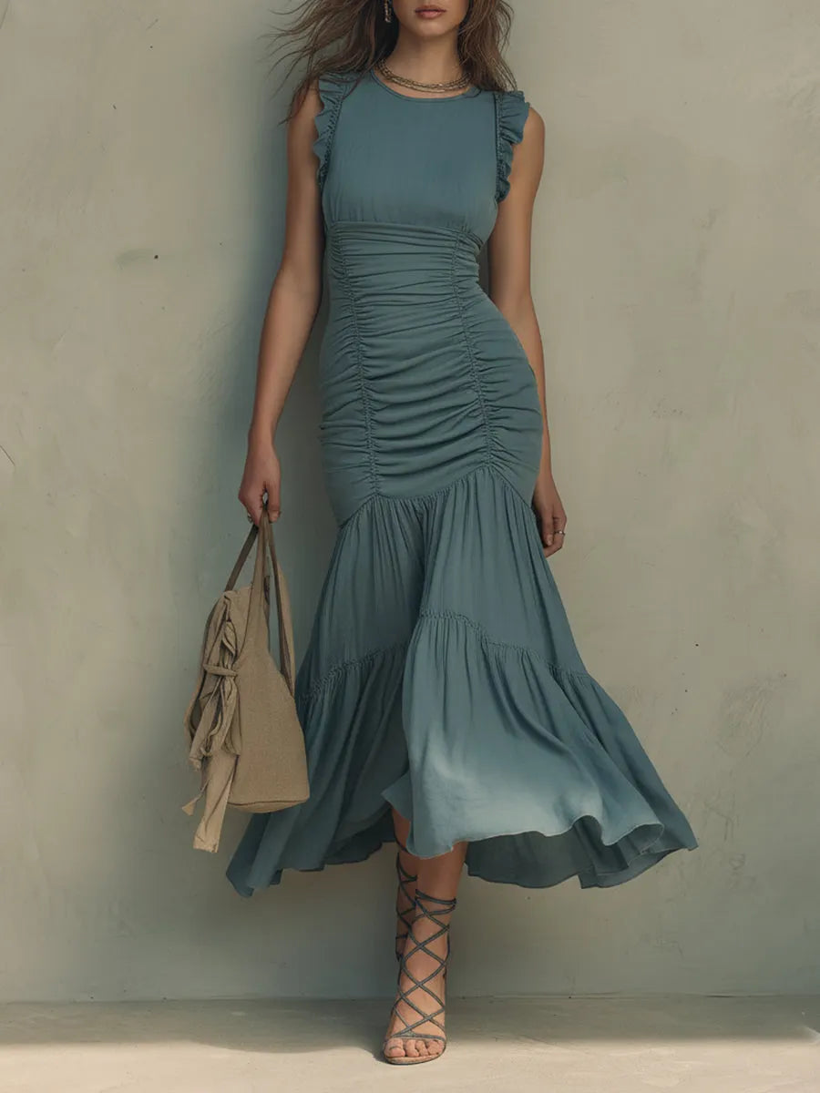 Robe longue rétro volantée à manches papillon
