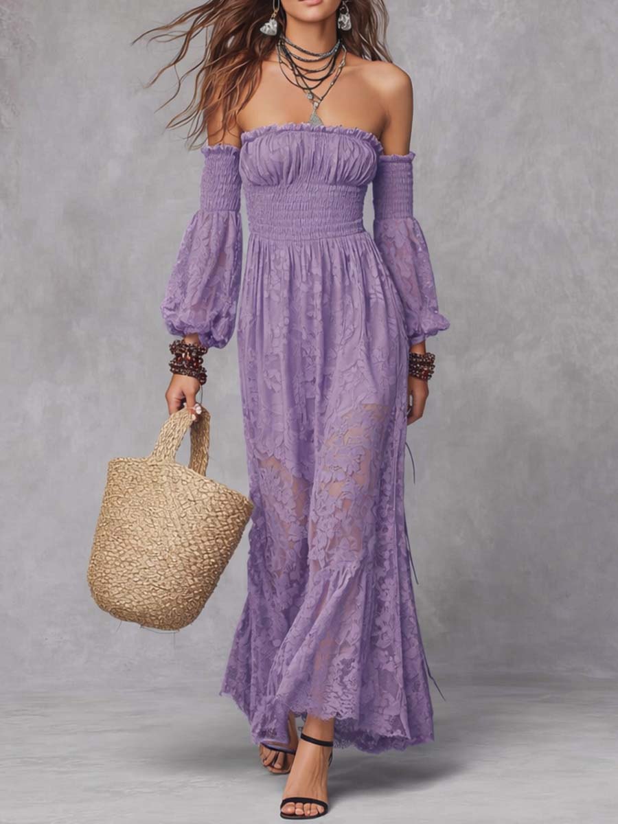 Vestido longo preto ombro a ombro com detalhes em lastex e renda