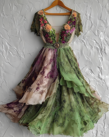 Vestido Elegante de Renda Verde e Roxa b7d1