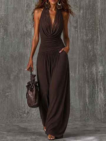 Combinaison marron à bretelles drapées en dentelle, taille froncée, poches et jambes larges, style bohème