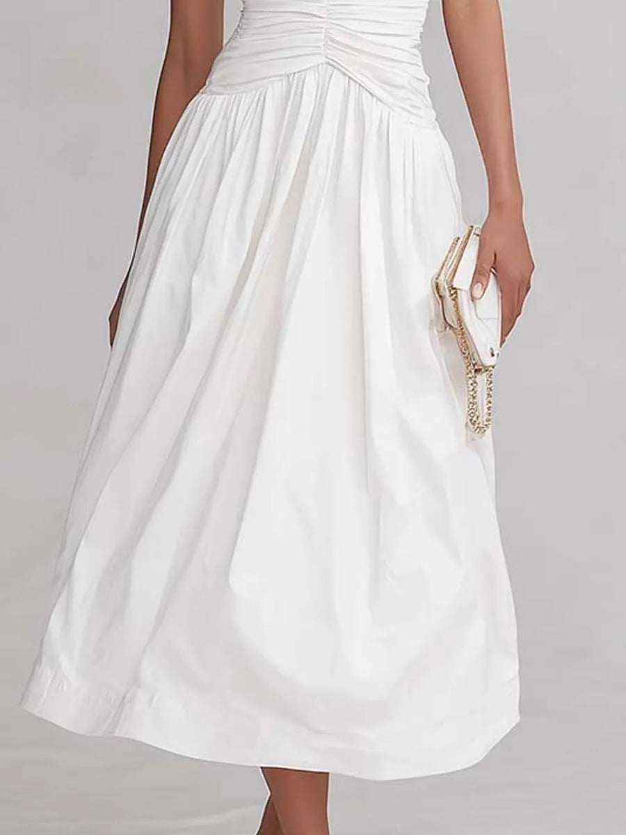 Bohemian Tie-Shoulder Ruched Keyhole 100% Cotton Midi Dress