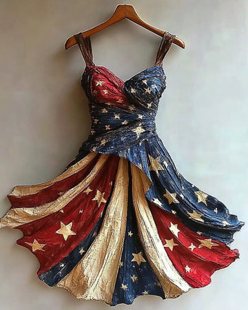 Vestido dourado com estampa temática de Dia da Independência f0ab
