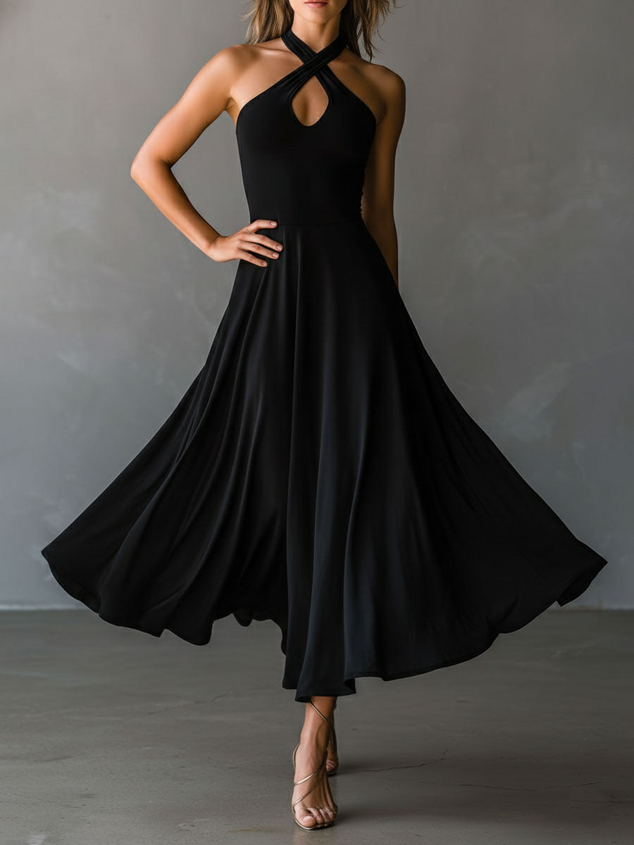 Robe midi trapèze rétro noire à licou dos nu et lanières croisées à nouer