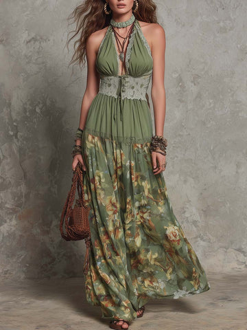 Vestido Longo Floral com Renda e Estilo Boêmio para Férias