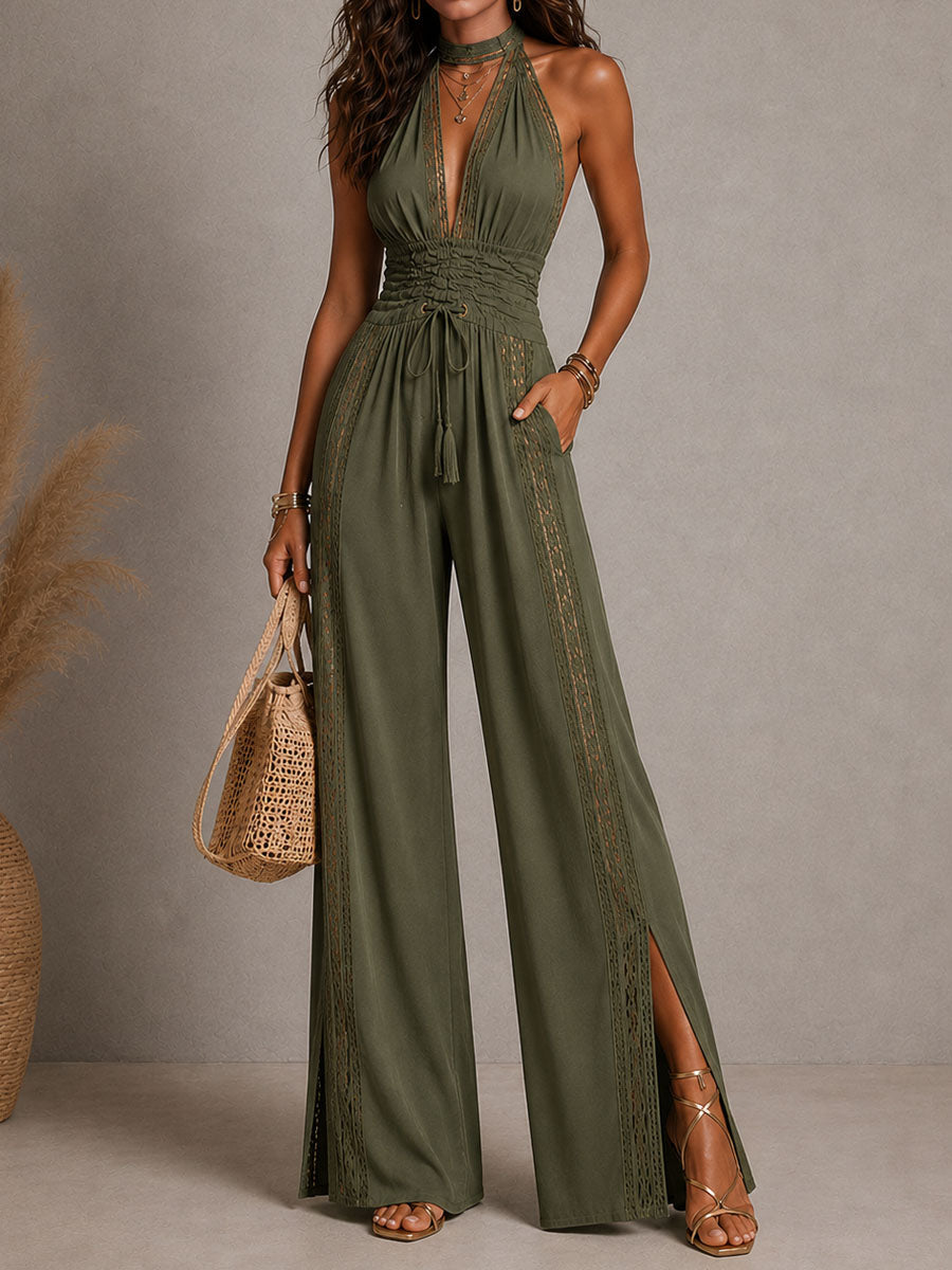 Boho Elegant Black Lace Panel Smocked Waist Wide Leg One-Piece Jumpsuit
