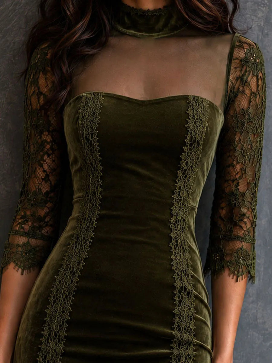 Mini-robe rétro en velours olive et résille avec empiècement en dentelle à col montant