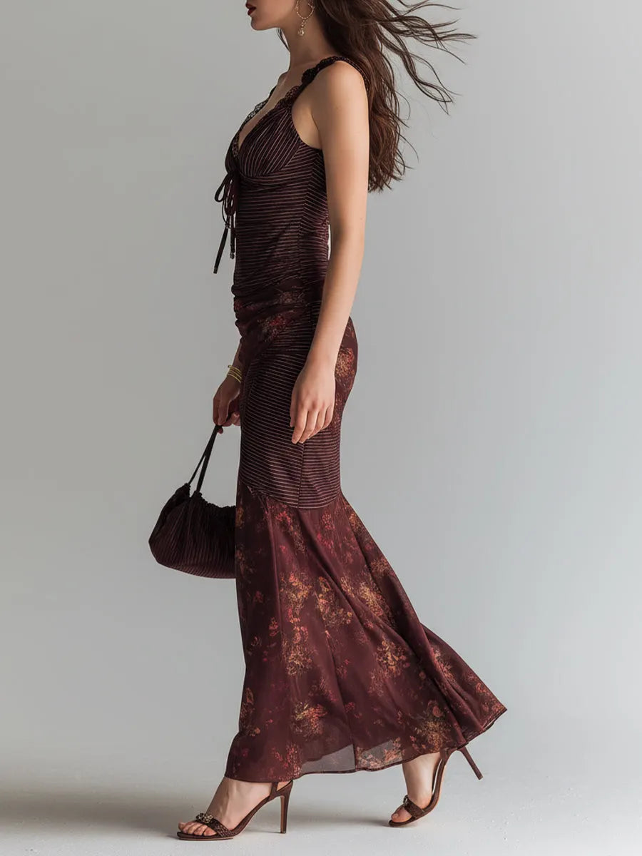 Robe longue à bretelles avec fente florale à rayures rétro