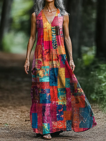 Vestido Regata Feminino com Estampa Patchwork Colorida e Decote V Arte 03a8