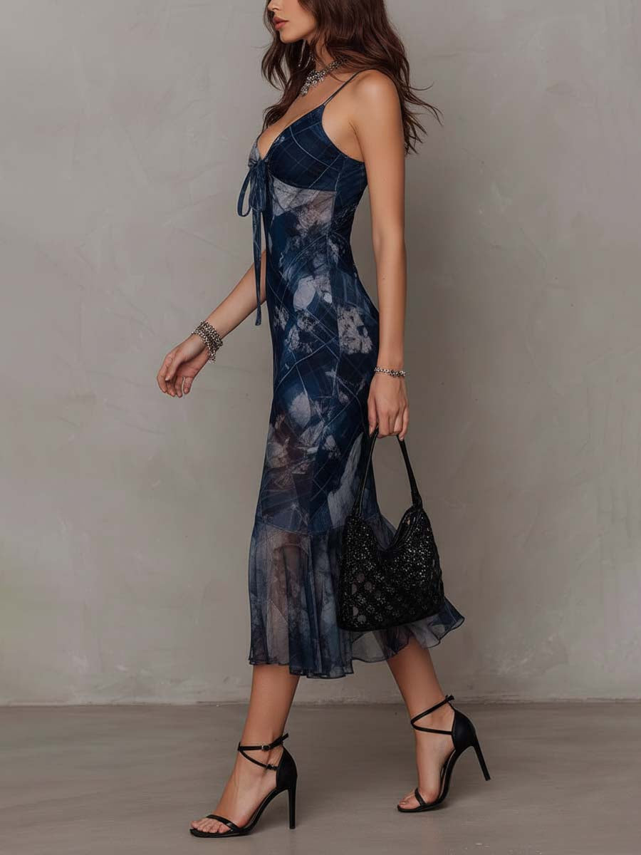 Robe midi sirène fleurie élégante à fines bretelles