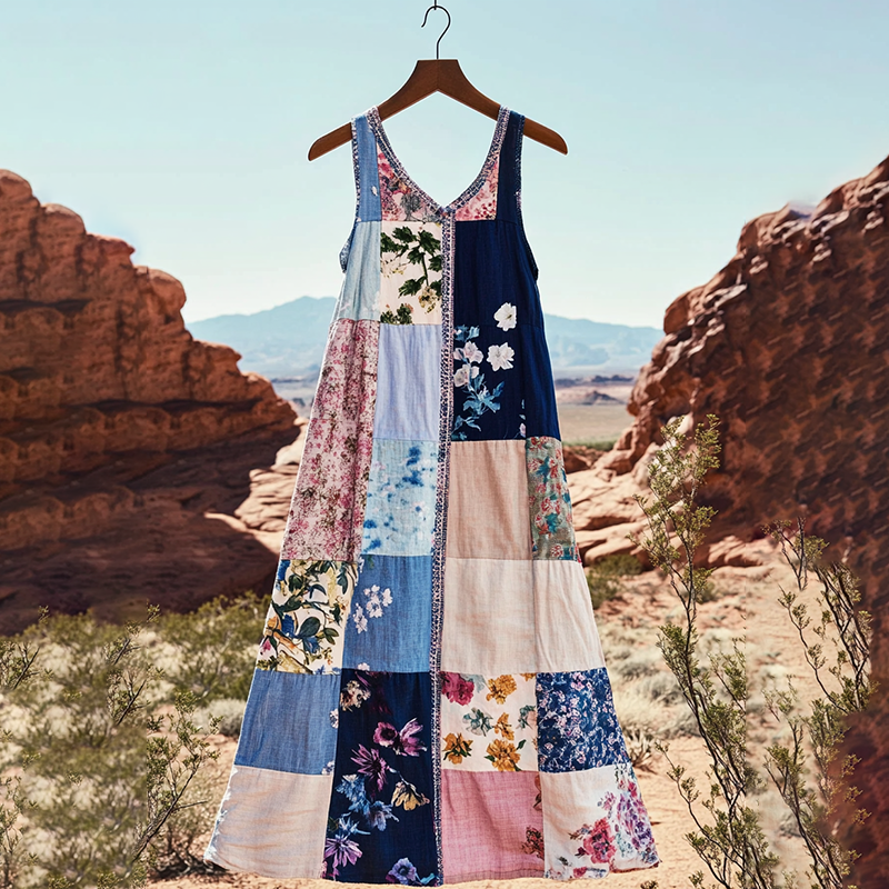 Vestido Regata Feminino Boho Floral de Linho Vintage com Retalhos 8ba1