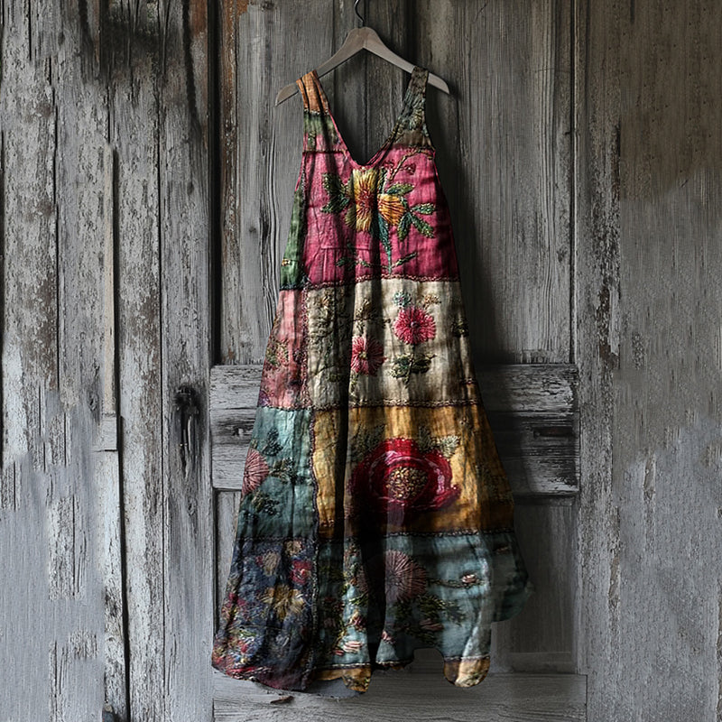 Vestido Vintage Feminino de Algodão e Linho com Retalhos Florais b31c