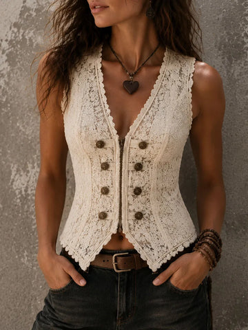 Gilet Corsetto Doppiopetto in Pizzo Floreale Crema Stile Boho Romantico