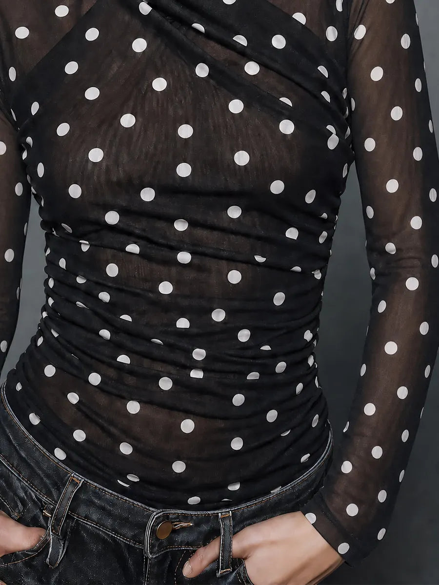 T-shirt slim à manches longues en maille double épaisseur à pois