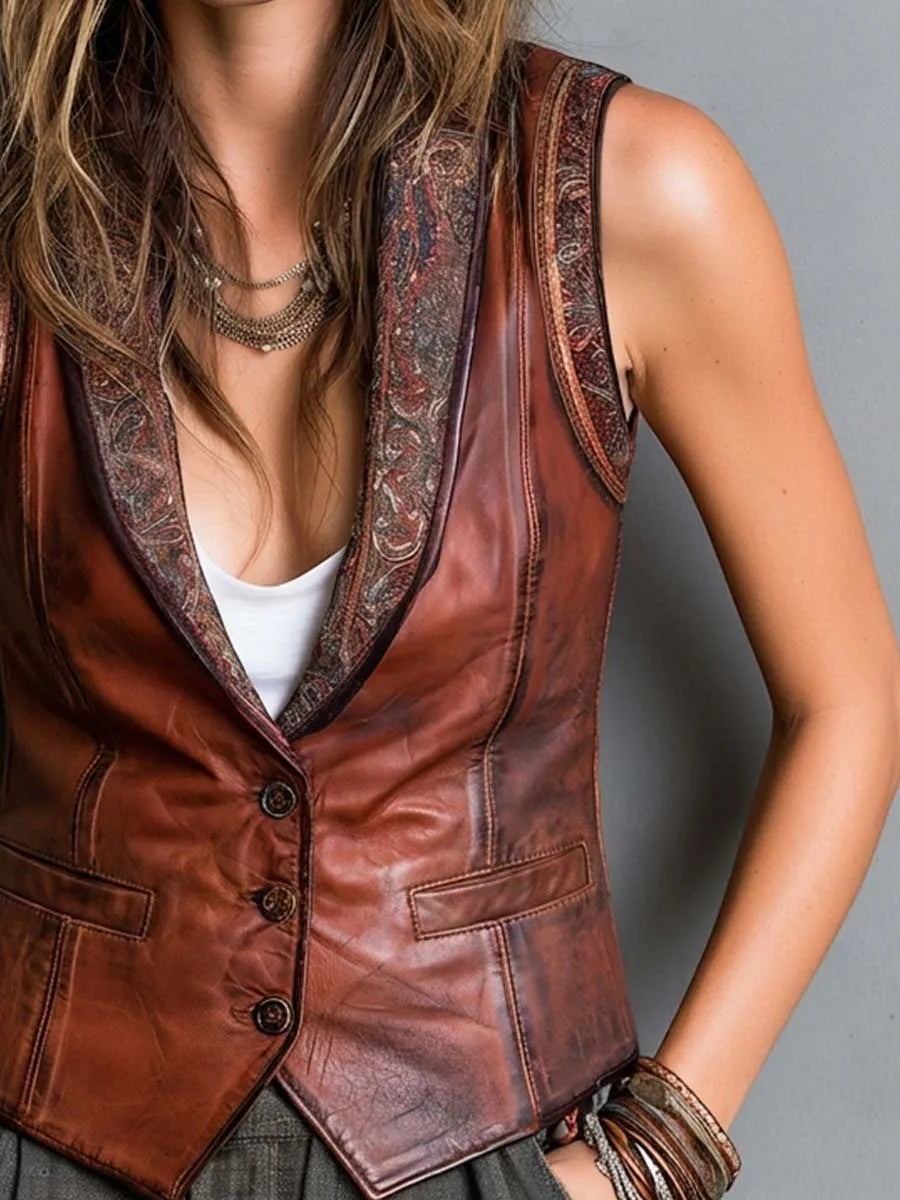 Boho Brown Leather Paisley Trim Button-Front Vest
