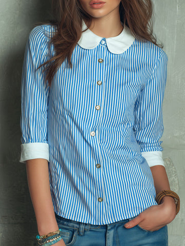 Blusa de Algodão Listrada Azul Boho com Gola Peter Pan