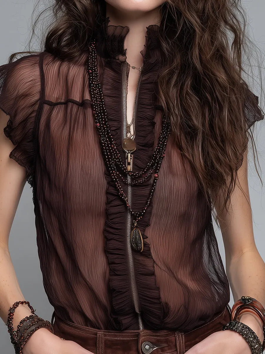 Camicetta in chiffon stropicciato con colletto alla coreana e zip frontale, in stile rétro