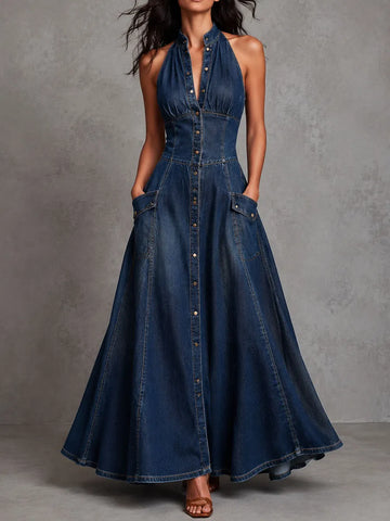 Abito lungo rétro elegante in denim scuro con scollo all'americana e tasche, modello a trapezio