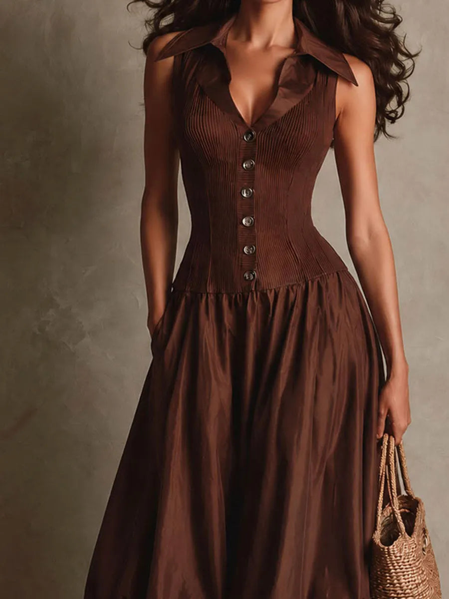 Robe midi rétro marron à col, côtelée, boutonnée sur le devant, avec poches et ourlet bulle