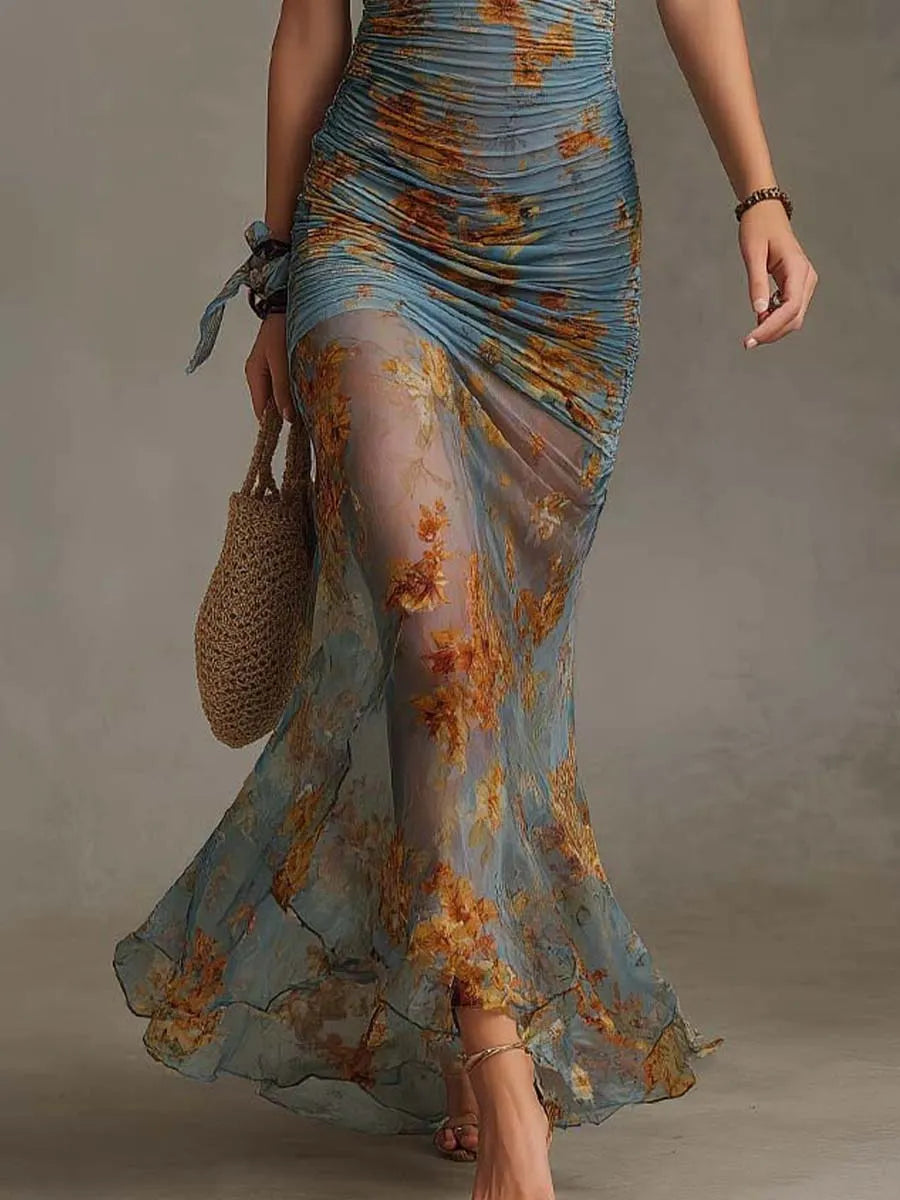 Vintage Bohemian Floral Sheer Stretch Mesh Halter Ruched Mermaid Maxi Dress