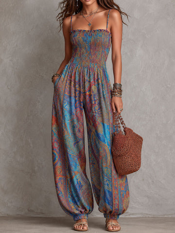 Boho Paisley Print Smocked Bodice Harem Jumpsuit