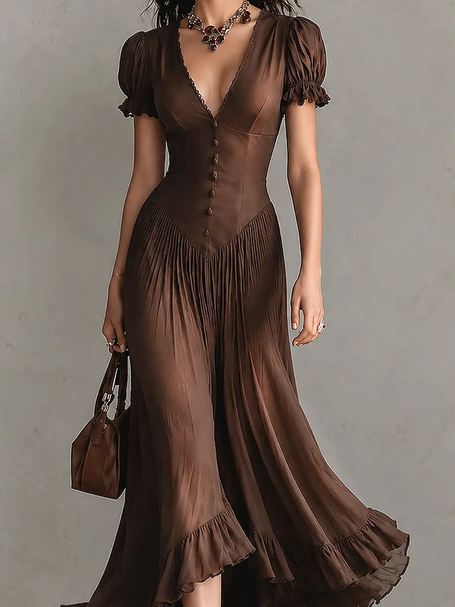 Robe longue élégante en Tencel à manches bouffantes et ourlet volanté