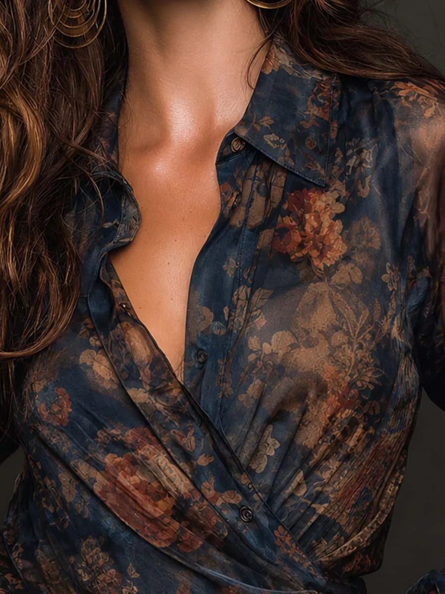 Chemisier transparent à fleurs vintage élégant, style cache-cœur et col Claudine