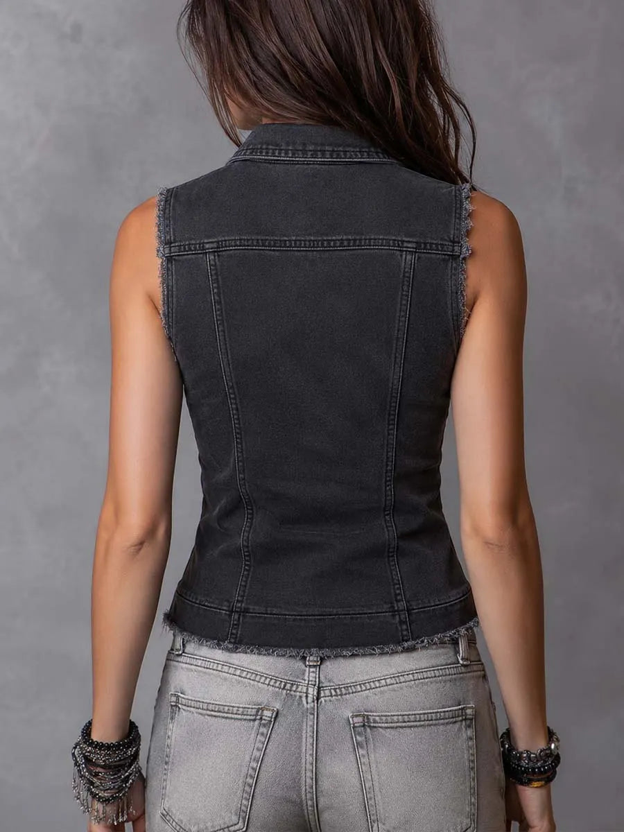 Gilet di Jeans Vintage con Cerniera e Orlo Usurato