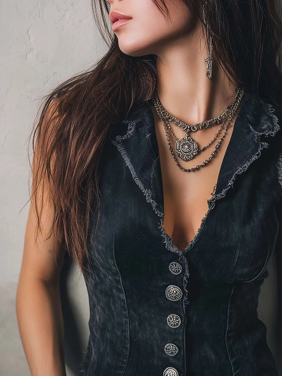Gilet en jean vintage à bords effilochés