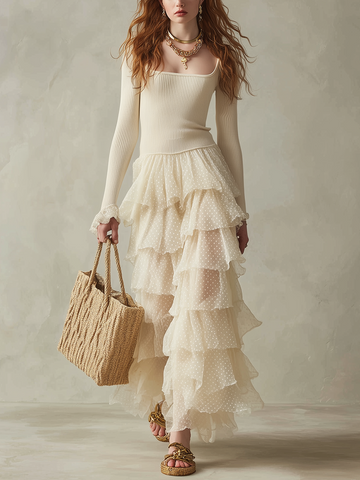 Elegant Square-Neck Knit & Polka-Dot Ruffle Two-Piece Set