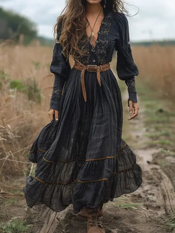 Robe longue de concert champêtre vintage en lin pour femme à col en V et manches longues 9954