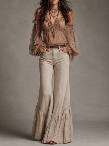 Bohemian Sheer Chiffon Off-Shoulder Top And Linen-Blend Flare Pants Set