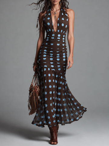 Elegant Halter-neck Polka-dot Mesh Mermaid Maxi Dress