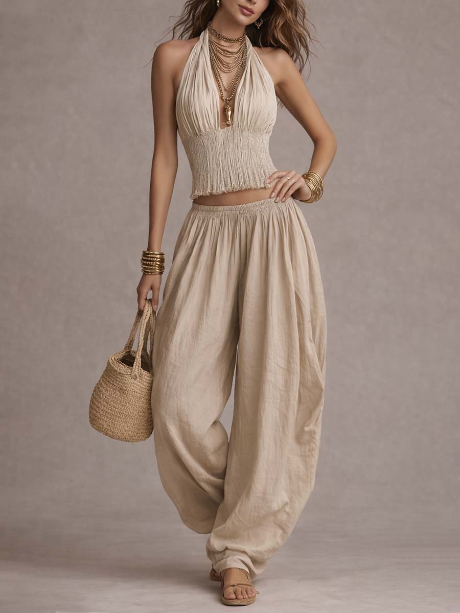 Ensemble deux pièces bohème en coton et lin : crop top smocké dos nu et pantalon sarouel