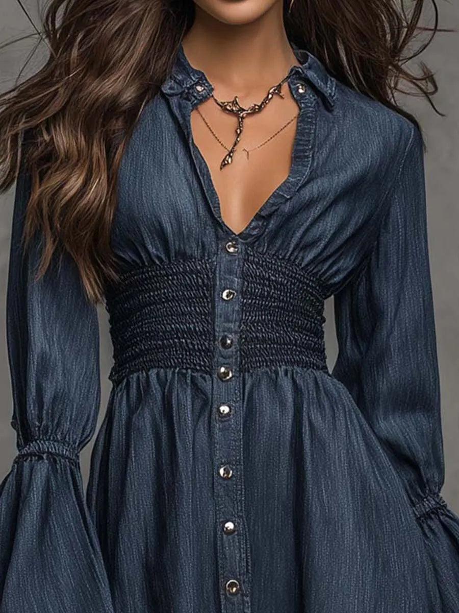 Vestido Jeans Curto Boho Vintage com Gola, Botões Frontais, Cintura Franzida e Manga Longa Flare