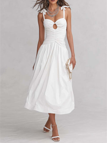 Vestido Midi 100% Algodão Boêmio com Alça de Amarrar e Franzido no Decote