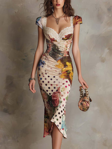 Retro Polka Dot And Painterly Floral Polyester Satin Midi Dress